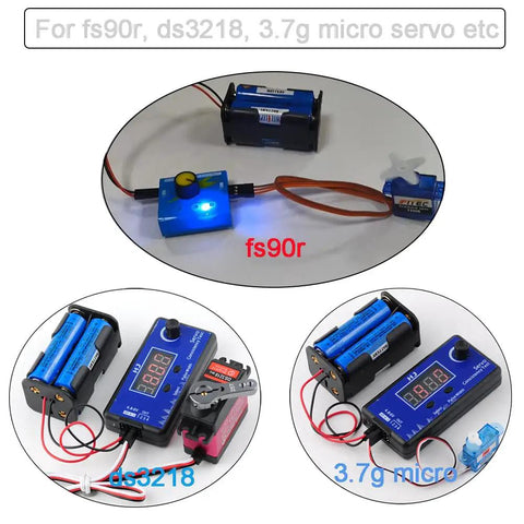 4 Cell 6V AA Battery Holder Case Cover Storage Box With 2P FUT J Plug Connector For Flysky Receiver RC 9G Micro Servo Tester Pack Of 4 Great For RC Projects And Stable Power Supply On The Go shown with micro servo testers for fs90r, ds3218, 3.7g