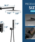 Dimensions of 10 inch overhead rain shower system with handheld sprayer luxury matte black shower faucet set in modern design