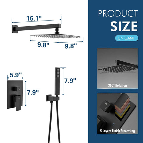 Dimensions of 10 inch overhead rain shower system with handheld sprayer luxury matte black shower faucet set in modern design