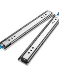 Heavy Duty Ball Bearing Drawer Slides Built Like A Tank Featuring A Secure Lock And Rust Resistant Finish Deliver Silky Smooth Zero Drag Full Extension Cabinet Upgrade - close-up of metal slides with blue ends.