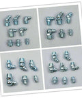 260 Piece Grease Fitting Kit With Storage Box Includes 90 Degree 45 Degree And Straight Hydraulic Fittings For Cars SAE And Metric Sizes Easy Organization And Sizing Chart Included displayed in four sections