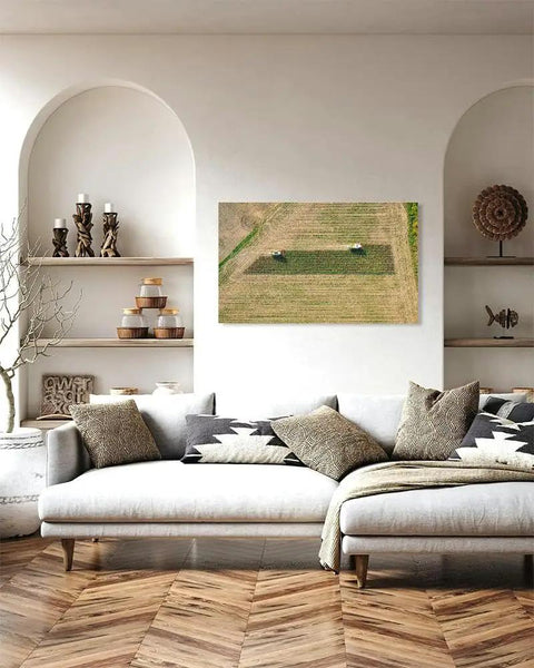 Aerial View Combine Harvester Canvas Wall Art 20x30 Inches For Living Room Bedroom Kitchen Office Decor Dope Farm Machinery Gallery Wrapped Print With Fade Resistant Inks hanging in modern living room