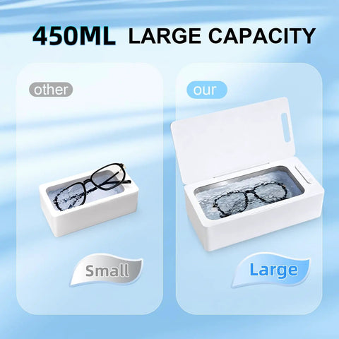 Slick Ultrasonic Jewelry Cleaner Machine With Four Hundred Fifty Milliliter Tank and Three Timer Modes showing large capacity cleaner with glasses.