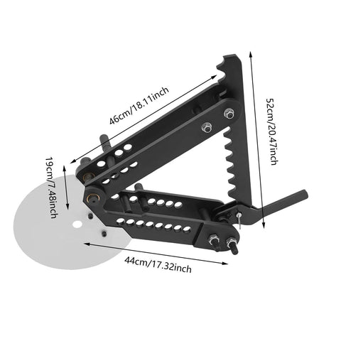 Heavy Duty Manual Pipe Bender With Precision Angle Gauge And Long Lever Handle For Smooth One Hundred Twenty Degree Bends No Sweat Tube Bending Tool For Pro Mechanics And Shop Crew dimensions showing sturdy design.