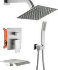 Shower System With Tub Spout And 10 Inch Square Rain Shower Head In Brushed Nickel Handheld Shower Tub Faucet 304 Stainless Steel Components Easy Half Inch NPT Installation Complete Bath Shower Kit