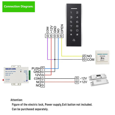 Connection diagram for Proximity ID Card Access System With Keypad 125KHz Reader Supports Swipe Or Password 1000 User Capacity
