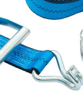 Close-up of Heavy Duty Ratchet Straps 2 Inch By 30 Feet 10 Pack With Wire Hooks Blue Tie Downs showing metal hooks and blue webbing