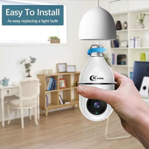 Hand installing Wireless WiFi Light Bulb Camera 3MP Security Camera With 360 Degree Pan Tilt in a living room setting
