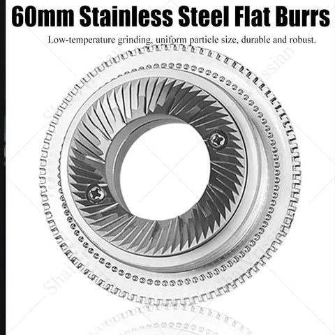 60mm stainless steel flat burrs for Premium 200 Watt Electric Flat Burr Coffee Grinder with 19 Adjustable Grinding Settings.