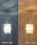 Modern Gold Crystal Foyer Chandelier With Round Metal Frame Adjustable Height Entryway Pendant Light showing white and warm light.