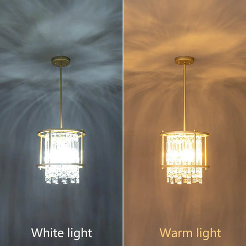 Modern Gold Crystal Foyer Chandelier With Round Metal Frame Adjustable Height Entryway Pendant Light showing white and warm light.