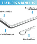 5th Wheel Pins And Clips 1/2 Inch Diameter Fits 5th Wheel Hitch And Rail Gooseneck Hitches Galvanized Rust Resistant Durable Built Tough Secure Clip With Grooved Pin For Easy In Any Position; Features zinc-plated finish and bent handle for easy grip.