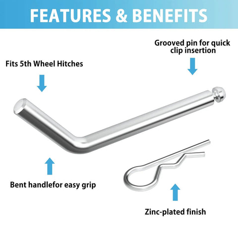 5th Wheel Pins And Clips 1/2 Inch Diameter Fits 5th Wheel Hitch And Rail Gooseneck Hitches Galvanized Rust Resistant Durable Built Tough Secure Clip With Grooved Pin For Easy In Any Position; Features zinc-plated finish and bent handle for easy grip.