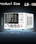 Image of adjustable DC power supply 0 to 30V 0 to 10A with encoder knob, 4 digit LED display, showing product dimensions.