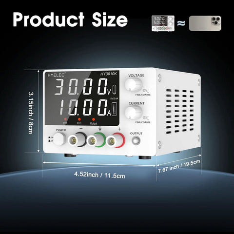 Image of adjustable DC power supply 0 to 30V 0 to 10A with encoder knob, 4 digit LED display, showing product dimensions.