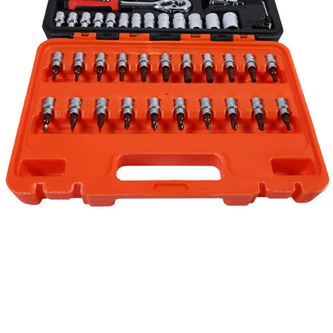 Heavy Duty 46 Piece Metric Socket Set With Heat Treated Steel And One Quarter Inch Drive In A Rugged Carry Case No Bull Garage Tool Kit Essentials laid out in an orange carry case.