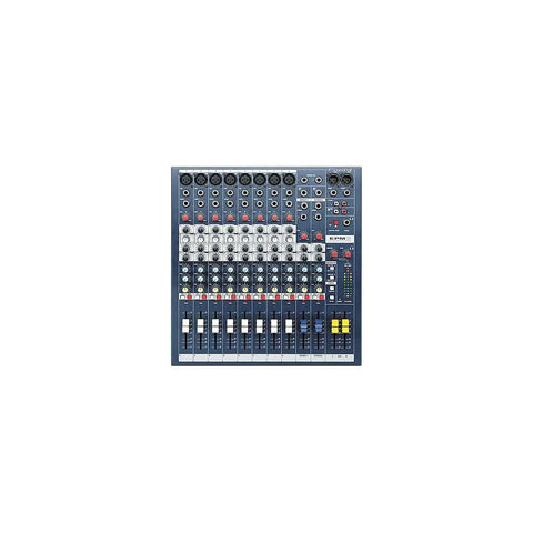 Top view of EPM8 8 Channel Live Sound Mixer with Dual Aux Buses, XLR and 1/4 Inch Jack Sockets, RCA Stereo Playback and Recording I/O