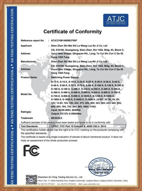 Certificate of Conformity for switching power supply by ATJC, showing specifications and compliance details, framed in wood.