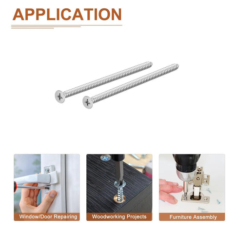 No Sweat Heavy-Duty Flat Head Wood Screws 304 Stainless Steel Self Tapping Size 10X4 Inch showcased for window repair and woodworking.