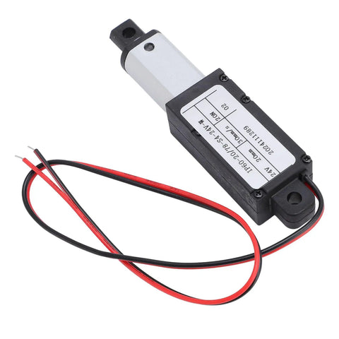 Compact 24V Electric Linear Actuator With Tiny 20mm Stroke And Nifty 20N Thrust showing aluminum casing and wires for robotics and furniture.