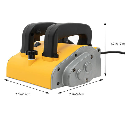 Pro Grade Electric Wall Planer With Beefy Adjustable Cutting Depth And Heavy Duty Tungsten Blades, side view with dimensions shown.