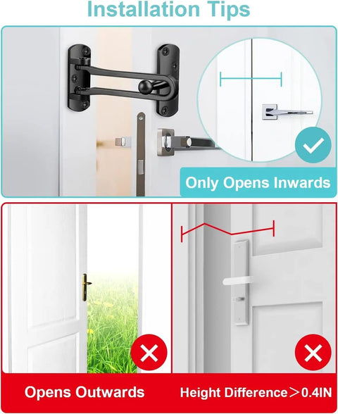 Top Shelf Swing Bar Door Lock Latch Built Tough With Real Aluminum Alloy And Satin Nickel Finish To Kidproof Rooms And Lock Down Tight Easy Install diagram showing inward opening, installation tips, and door height difference.