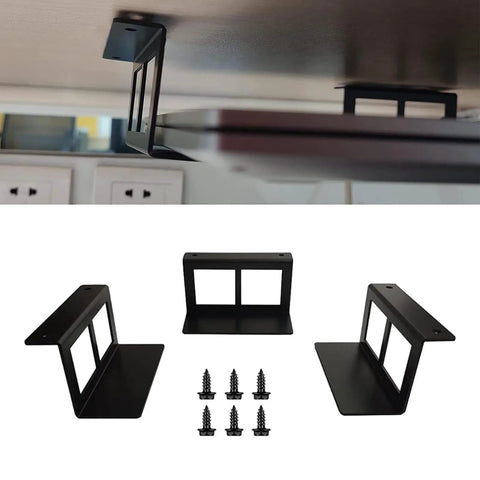 Sleek Under Desk Laptop Mount Bracket Featuring Heavy Iron Screwin Notebook Holder Set showing installation view and included screws.