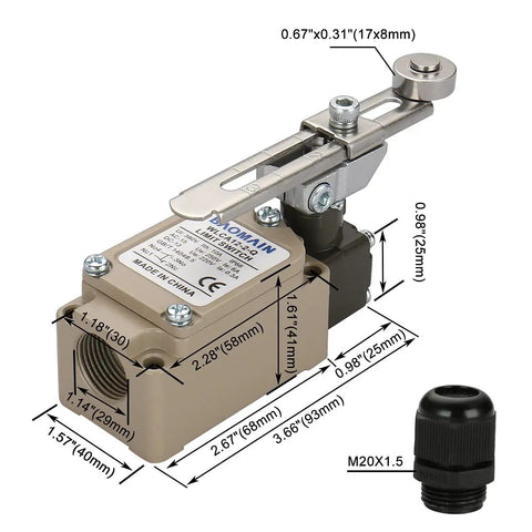 Adjustable Roller Lever Limit Switch SPDT 1NO 1NC Momentary Action Waterproof IP66 10A 380V AC shown with cable gland