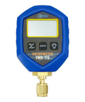 Vacuum meter VMH-75 handheld gauge by Hiatsu in blue aluminum case with yellow-framed display and brass connector.