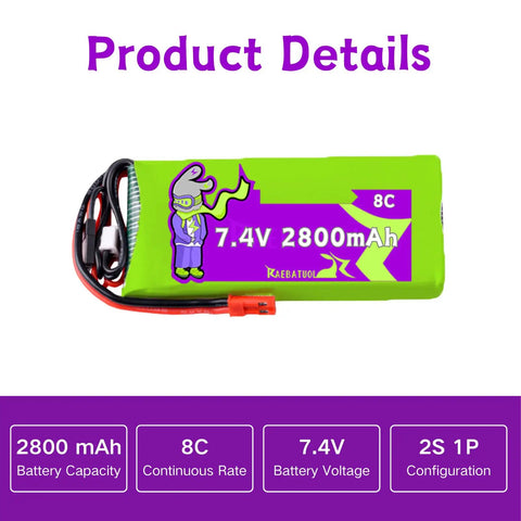7.4V 2800mAh 8C LiPo Battery With JST Plug For RadioLink RC8X RC6GS RC4GS Drones And RC Airplanes, green and purple design