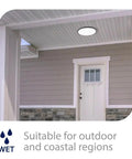 Round 15 Inch LED Flush Mount Light, Energy Star Rated, 3000K Warm White installed on porch ceiling, white aluminum housing.
