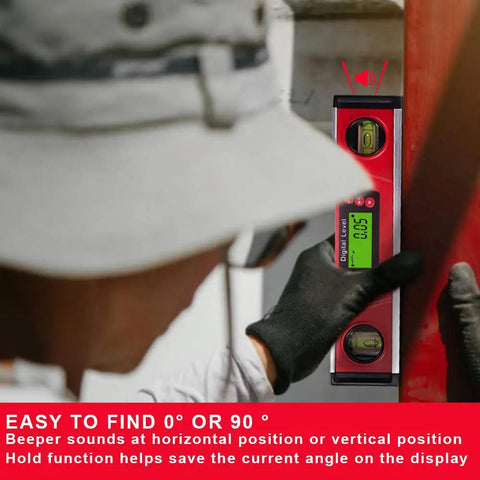 Person using 10 Inch Digital Level And Protractor With IP54 Inclinometer, Large LED Backlight Display for precise angle measurement