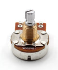 Single 500K short split-shaft audio-taper potentiometer with knurled shaft and brass threaded bushing