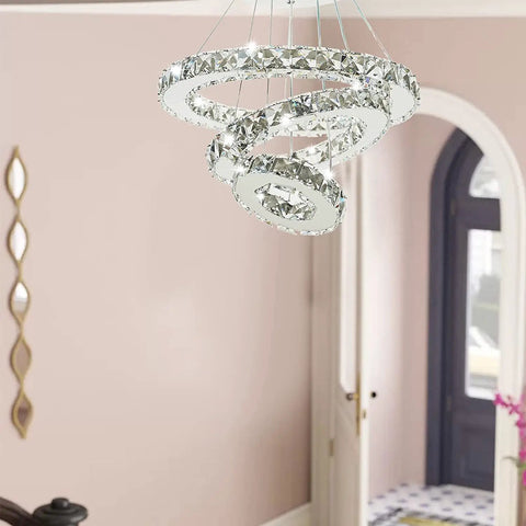 Slick Modern Crystal LED Chandelier With Adjustable Stainless Steel Rings Three Ring Pendant Lights Chrome Finish in room