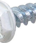 Close-up of White Painted Hex Washer-Head Self-Piercing Screw Size Seven By One Half Inch showcasing durable steel with zinc plated finish.