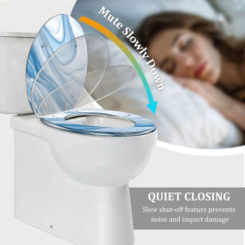 Elongated Resin Toilet Seat for Bathroom with blue marbled design, features slow closing mechanism, fits most toilets.