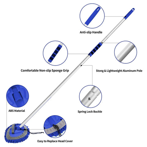 62 Inch Car Wash Brush Kit With Long Reach Handle And Chenille Microfiber Mop Mitt, featuring aluminum pole and anti-slip grip