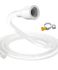 No Sweat Faucet Hose Adapter With Adjustable Ring For Kitchen Sink And Garden Spraying Heavy Duty Reinforced Tube showing white hose and clamps.