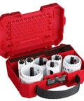 Ultimate 13 Piece Bi Metal Hole Saw Kit With Case For Milwaukee W/ Extra Arbors Pilot Bits 8 Cobalt Cryo Treated Heavy Duty For Steel Wood Fast Cutting red case open with hole saws
