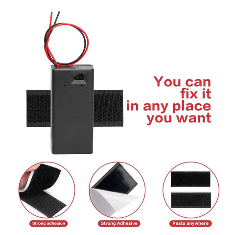 No Sweat Six Pack Nine Volt Battery Holders Featuring Smooth Ride On Off Switches Straight Shot Wire Leads Paired With Tight Grip Solder Seal Connectors Plus Heavy Duty Hook Loop Straps For Quick Tech Mods with Velcro straps.