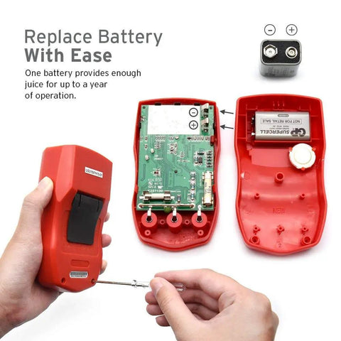 Must Have Digital Multimeter For Home And Auto Use, AC DC Voltage Tester with open back and battery replacement view.