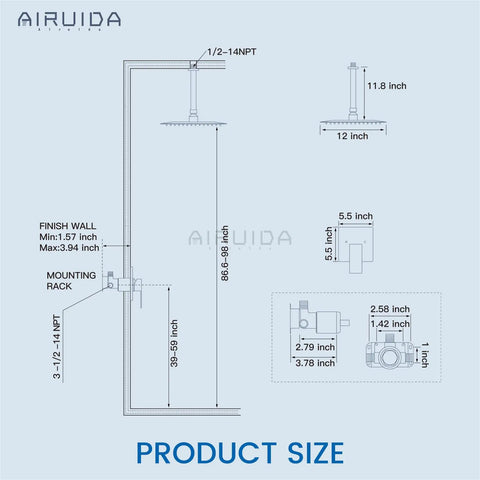 Shower Faucet Set And Handle Kit For Ceiling Mount Rainfall System diagram, 12 inch square head, brushed nickel, measurements shown.