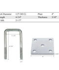Beefy Square U-Bolt Kit For 2x2 Boat Trailer Axles, Heavy Duty Leaf Spring U Bolts, 4.75 Inch Long, 2 Pack dimensions illustration