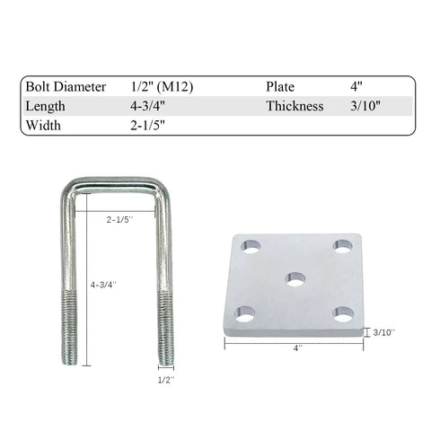 Beefy Square U-Bolt Kit For 2x2 Boat Trailer Axles, Heavy Duty Leaf Spring U Bolts, 4.75 Inch Long, 2 Pack dimensions illustration