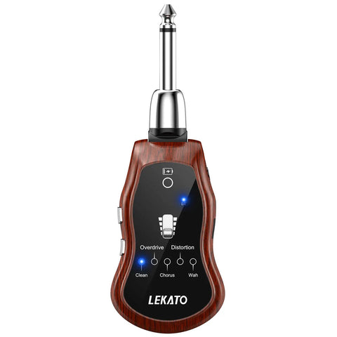 Silent Practice Headphone Amp for Electric Guitar and Bass with Rechargeable Battery, 5 Effects visible on wooden design.