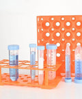 Two Pack 28 Well Test Tube Rack For 10ml 15ml And 50ml Tubes, Detachable Lab Tube Holder, orange plastic with tubes inserted