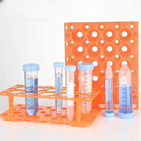Two Pack 28 Well Test Tube Rack For 10ml 15ml And 50ml Tubes, Detachable Lab Tube Holder, orange plastic with tubes inserted