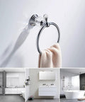 Chrome Towel Ring With Crystal Ball Accents, polished hand towel holder in modern bathroom setting, white wall mount.