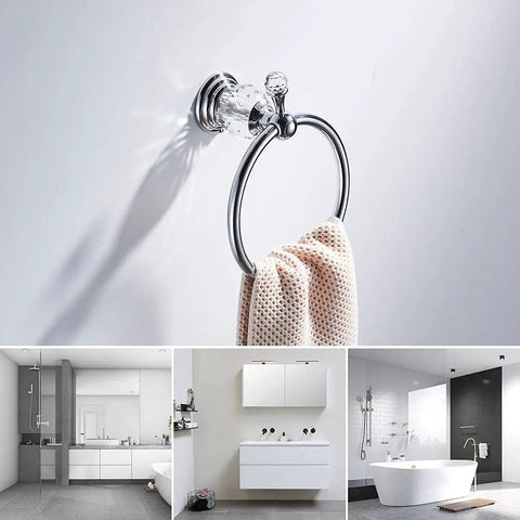 Chrome Towel Ring With Crystal Ball Accents, polished hand towel holder in modern bathroom setting, white wall mount.