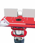 Rock Solid Router Table Insert Plate Featuring Precision Miter Gauge Guide Fence And Hassle Free Sliding Brackets For Quick Trim Router Setup with red aluminum surface and white fence